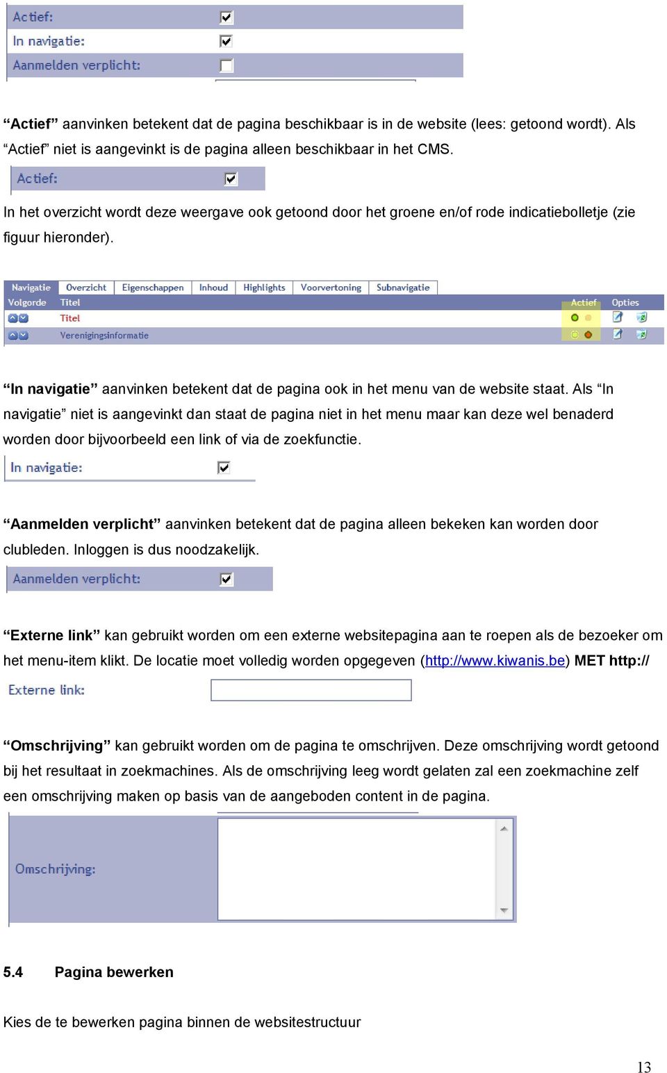 In navigatie aanvinken betekent dat de pagina ook in het menu van de website staat.