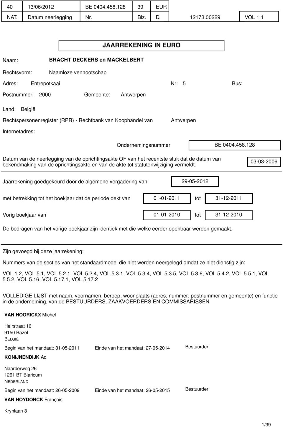 (RPR) - Rechtbank van Koophandel van Antwerpen Internetadres: Ondernemingsnummer BE 0404.458.