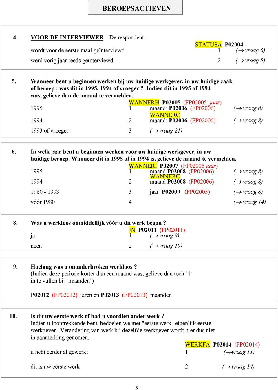 WANNERH P02005 (FP02005 jaar) 1995 1 maand: P02006 (FP02006) ( vraag 8) WANNERC 1994 2 maand: P02006 (FP02006) ( vraag 8) 1993 of vroeger 3 ( vraag 21) 6.