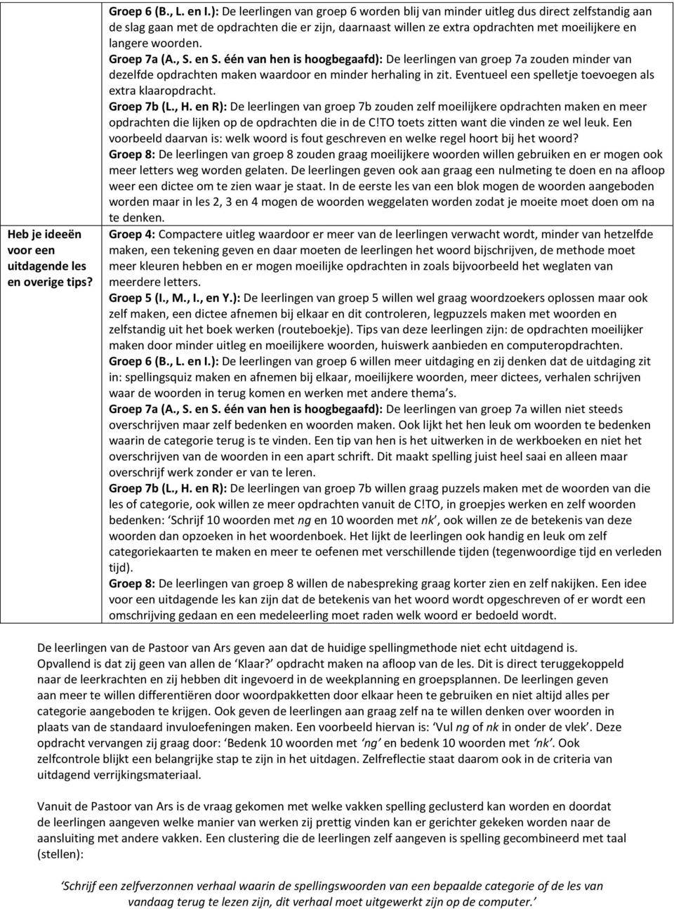 Grep 7a (A., S. en S. één van hen is hgbegaafd): De leerlingen van grep 7a zuden minder van dezelfde pdrachten maken waardr en minder herhaling in zit.