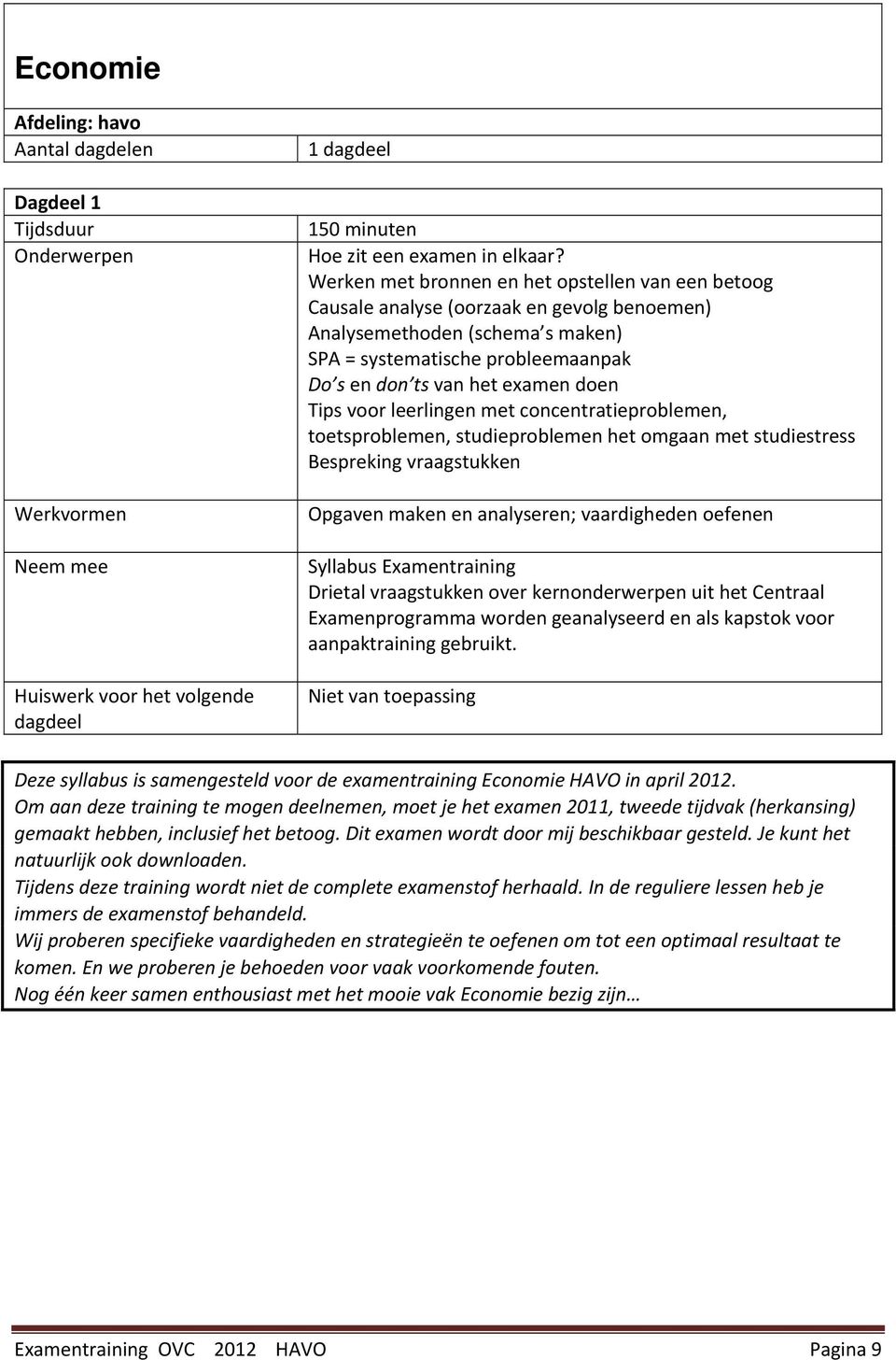 Tips voor leerlingen met concentratieproblemen, toetsproblemen, studieproblemen het omgaan met studiestress Bespreking vraagstukken Opgaven maken en analyseren; vaardigheden oefenen Syllabus