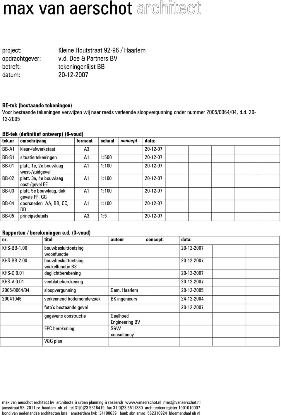 Doe & Partners BV betreft: tekeningenlijst BB datum: 20-12-2007 BE-tek (bestaande tekeningen) Voor bestaande tekeningen verwijzen wij naar reeds verleende sloopvergunning onder nummer 2005/0064/04, d.