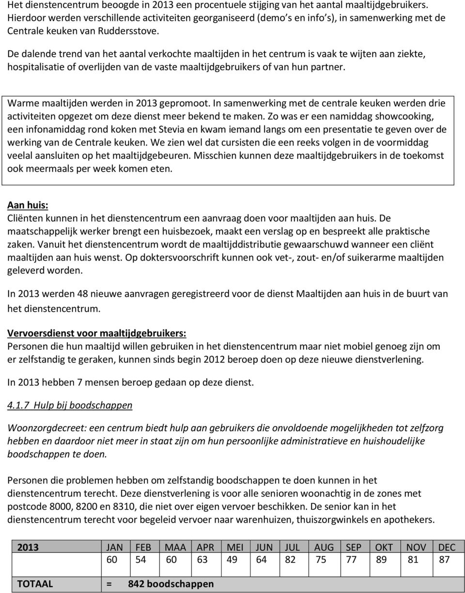 De dalende trend van het aantal verkochte maaltijden in het centrum is vaak te wijten aan ziekte, hospitalisatie of overlijden van de vaste maaltijdgebruikers of van hun partner.