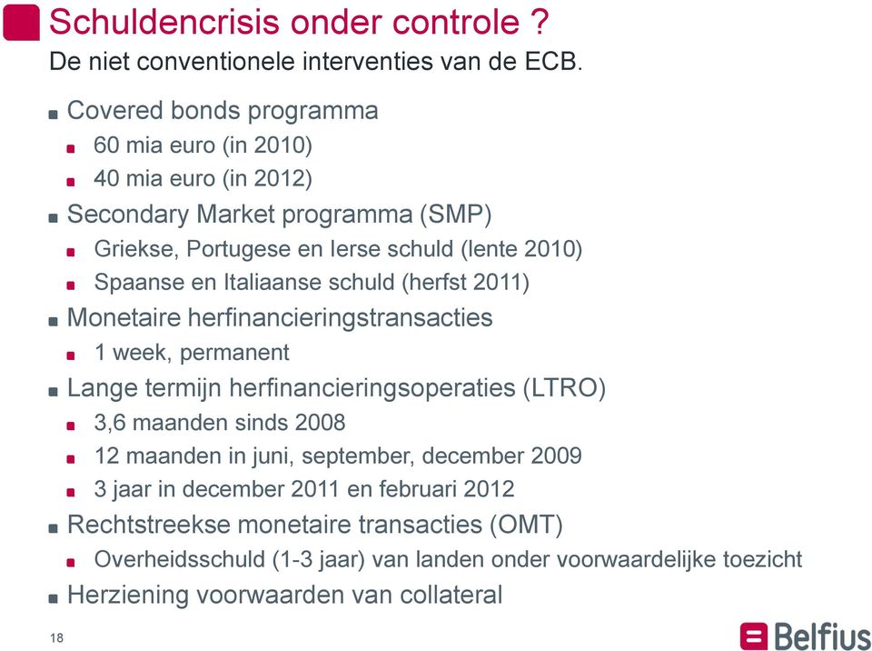 en Italiaanse schuld (herfst 2011) Monetaire herfinancieringstransacties 1 week, permanent Lange termijn herfinancieringsoperaties (LTRO) 3,6 maanden sinds