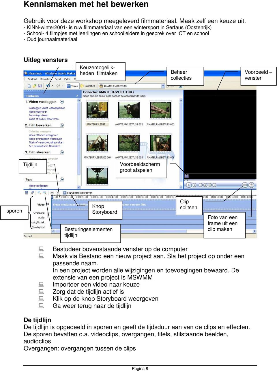 vensters Keuzemogelijkheden filmtaken Beheer collecties Voorbeeld venster Tijdlijn Voorbeeldscherm groot afspelen sporen Knop Storyboard Besturingselementen tijdlijn Clip splitsen Foto van een frame