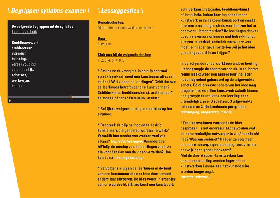 klassikaal: moet een kunstenaar alles zelf maken? Wat vinden de leerlingen? Geldt dat wat de leerlingen betreft voor alle kunstvormen? Schilderkunst, beeldhouwkunst, architectuur? En toneel, of dans?