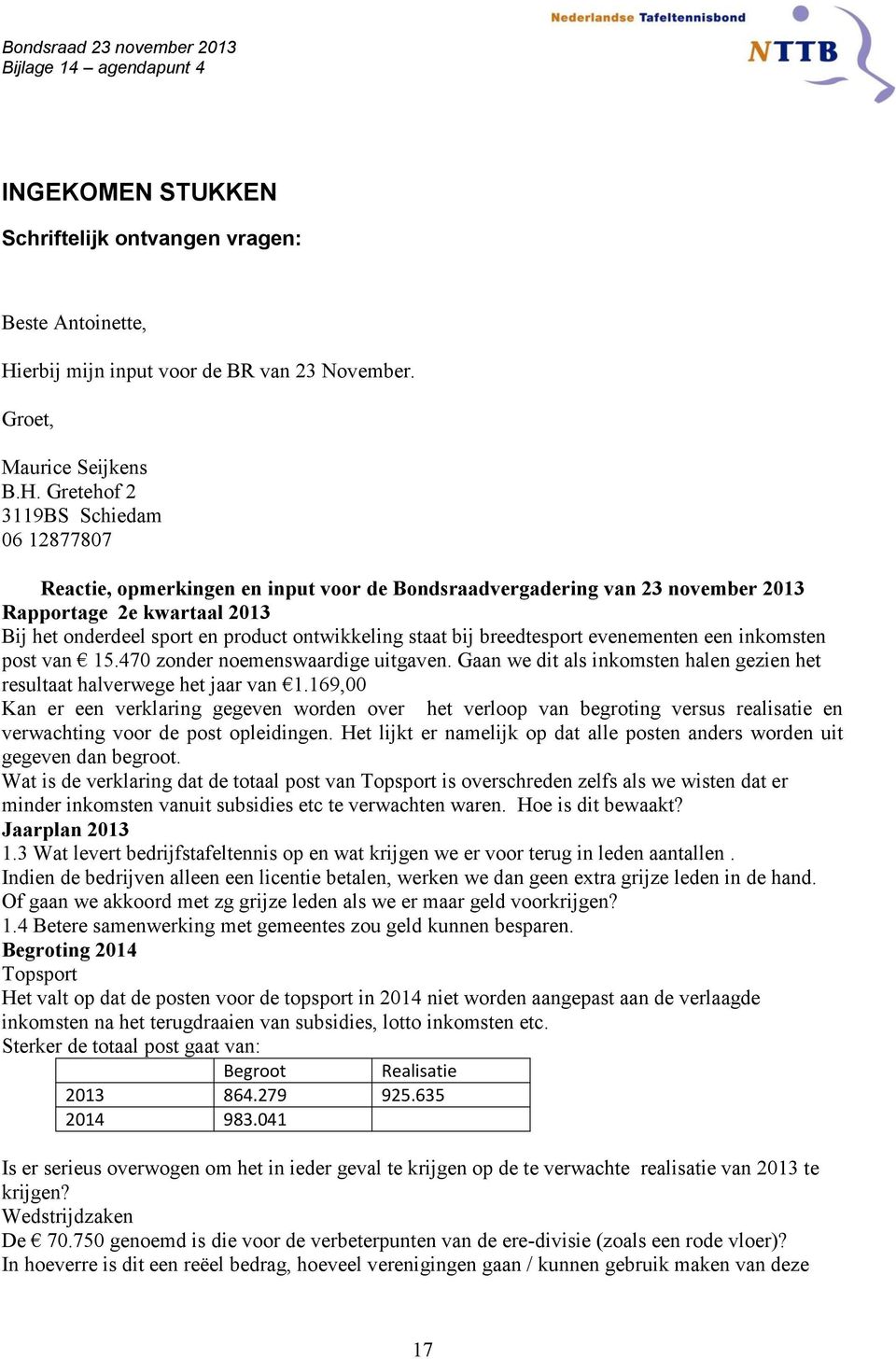 Gretehof 2 3119BS Schiedam 06 12877807 Reactie, opmerkingen en input voor de Bondsraadvergadering van 23 november 2013 Rapportage 2e kwartaal 2013 Bij het onderdeel sport en product ontwikkeling