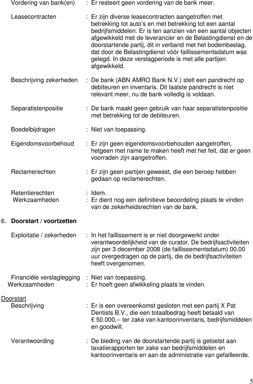 Er is ten aanzien van een aantal objecten afgewikkeld met de leverancier en de Belastingdienst en de doorstartende partij, dit in verband met het bodembeslag, dat door de Belastingdienst vóór