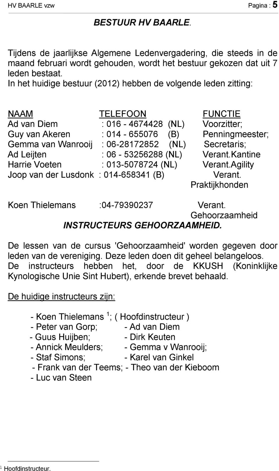 06-28172852 (NL) Secretaris; Ad Leijten : 06-53256288 (NL) Verant.Kantine Harrie Voeten : 013-5078724 (NL) Verant.Agility Joop van der Lusdonk : 014-658341 (B) Verant.