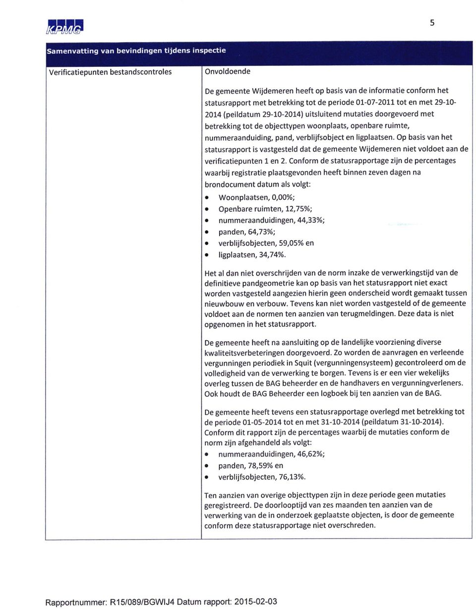 verblijfsobject en ligplaatsen. Op basis van het statusrapport is vastgesteld dat de gemeente Wijdemeren niet voldoet aan de verificatiepunten 1 en 2.