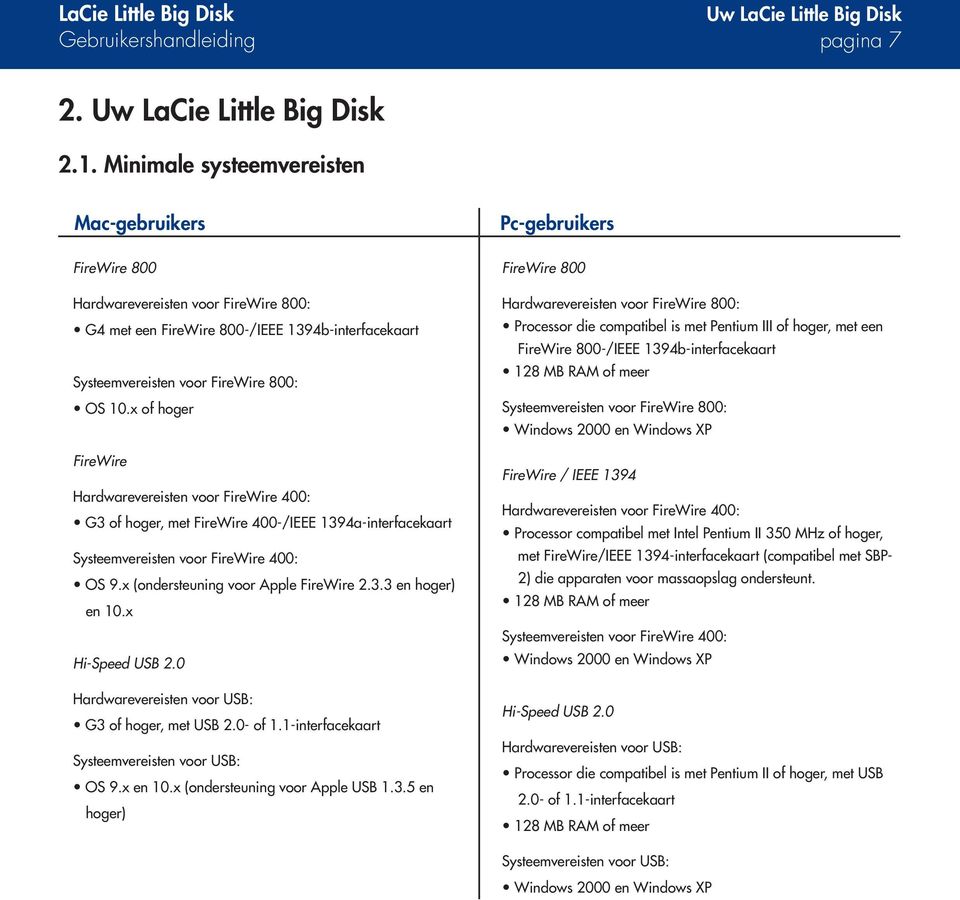 x of hoger FireWire Hardwarevereisten voor FireWire 400: G3 of hoger, met FireWire 400-/IEEE 1394a-interfacekaart Systeemvereisten voor FireWire 400: OS 9.x (ondersteuning voor Apple FireWire 2.3.3 en hoger) en 10.