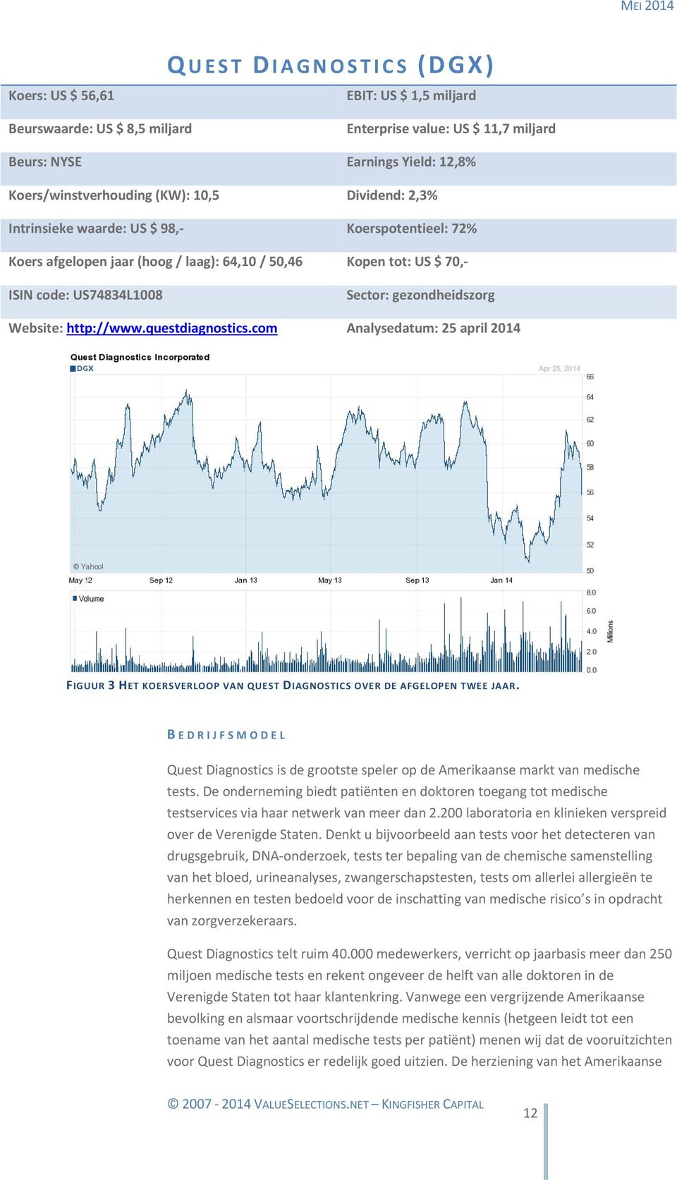 http://www.questdiagnostics.com Analysedatum: 25 april 2014 FIGUUR 3 HET KOERSVERLOOP VAN QUEST DIAGNOSTICS OVER DE AFGELOPEN TWEE JAAR.