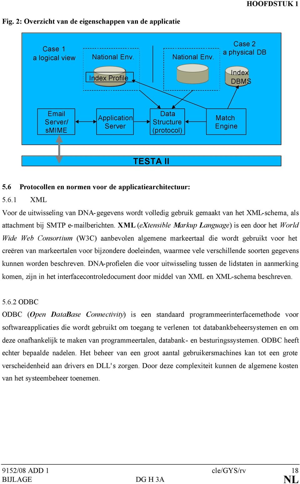 6 Protocollen en normen voor de applicatiearchitectuur: 5.6.1 XML Voor de uitwisseling van DNA-gegevens wordt volledig gebruik gemaakt van het XML-schema, als attachment bij SMTP e-mailberichten.