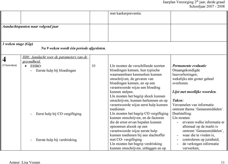 EHBO: - Eerste hulp bij bloedingen - Eerst hulp bij CO vergiftiging - Eerste hulp bij verdrinking 0 Lln moeten de verschillende soorten bloedingen kennen, hun typische waarneembare kenmerken kunnen