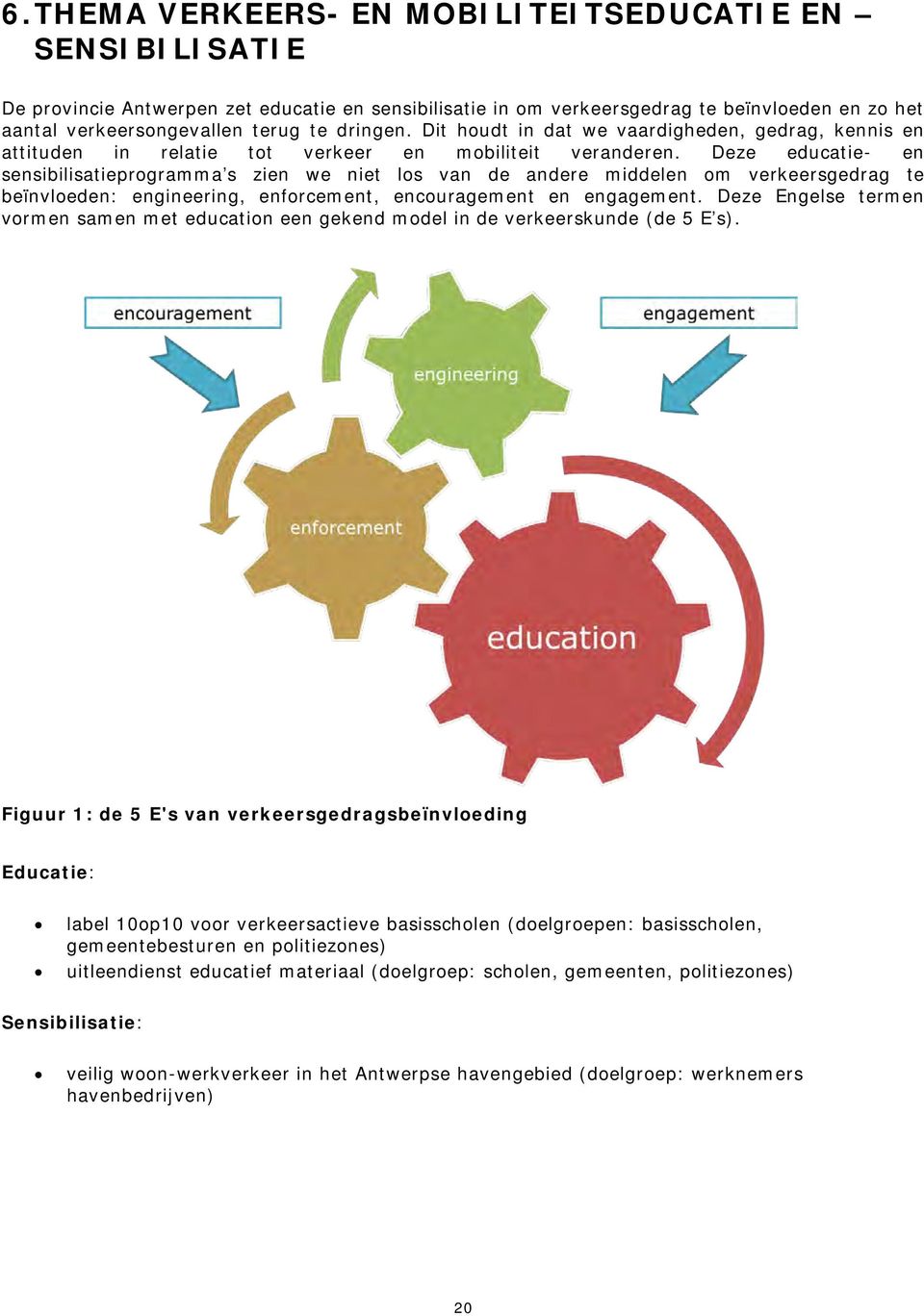 Deze educatie- en sensibilisatieprogramma s zien we niet los van de andere middelen om verkeersgedrag te beïnvloeden: engineering, enforcement, encouragement en engagement.