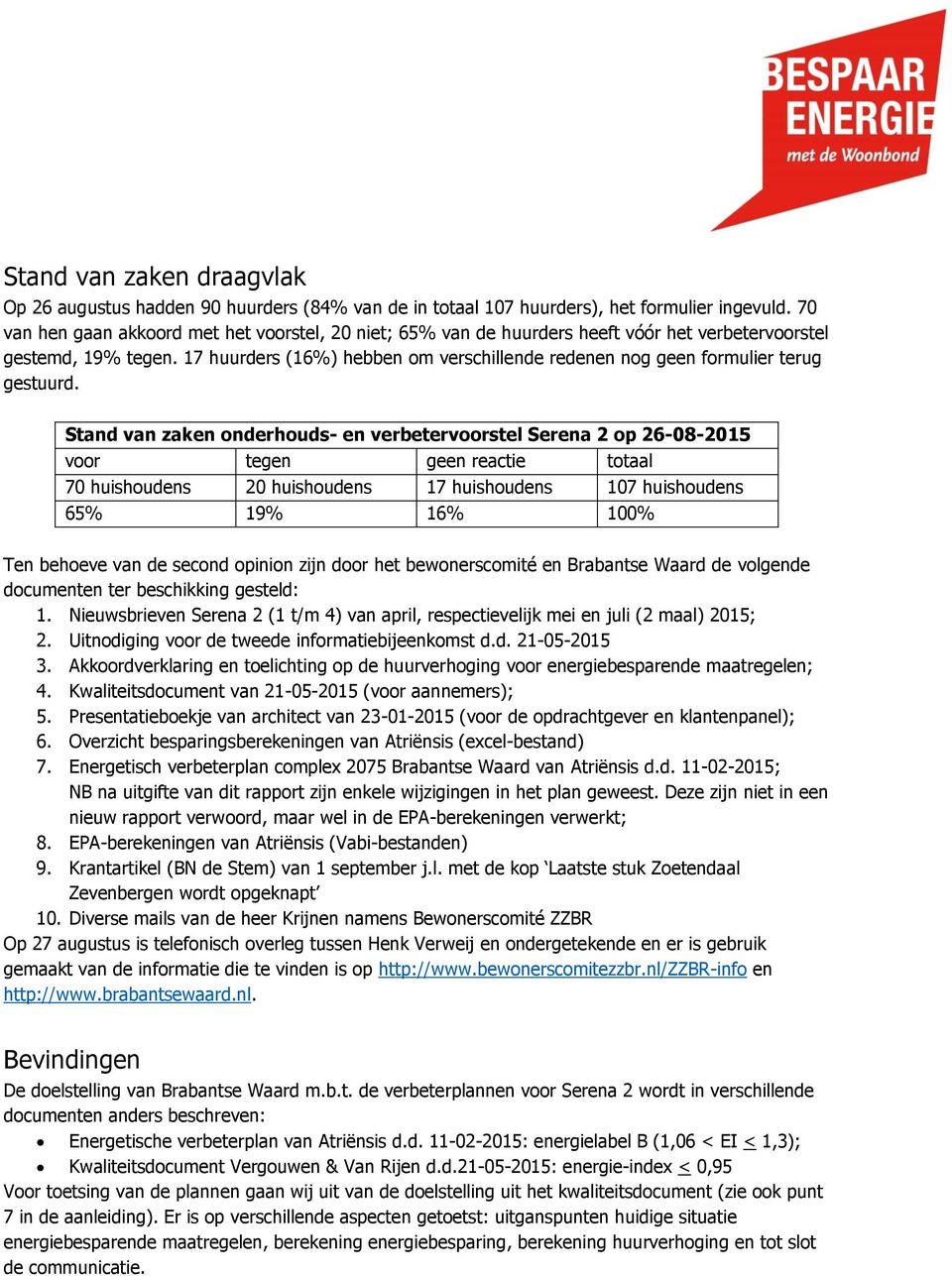 17 huurders (16%) hebben om verschillende redenen nog geen formulier terug gestuurd.