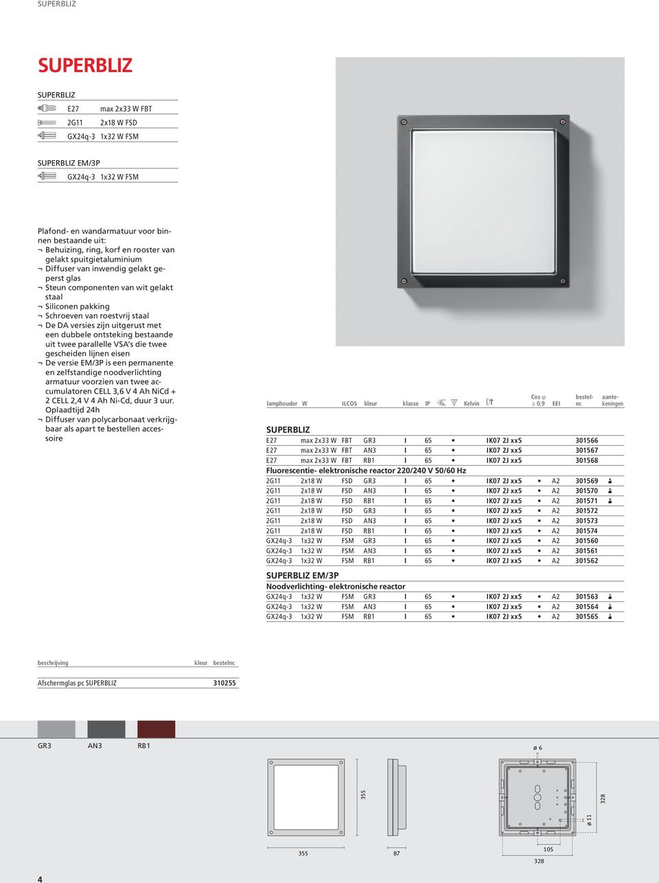 twee parallelle VSA s die twee gescheiden lijnen eisen De versie EM/3P is een permanente en zelfstandige noodverlichting armatuur voorzien van twee accumulatoren CELL 3,6 V 4 Ah NiCd + 2 CELL 2,4 V 4