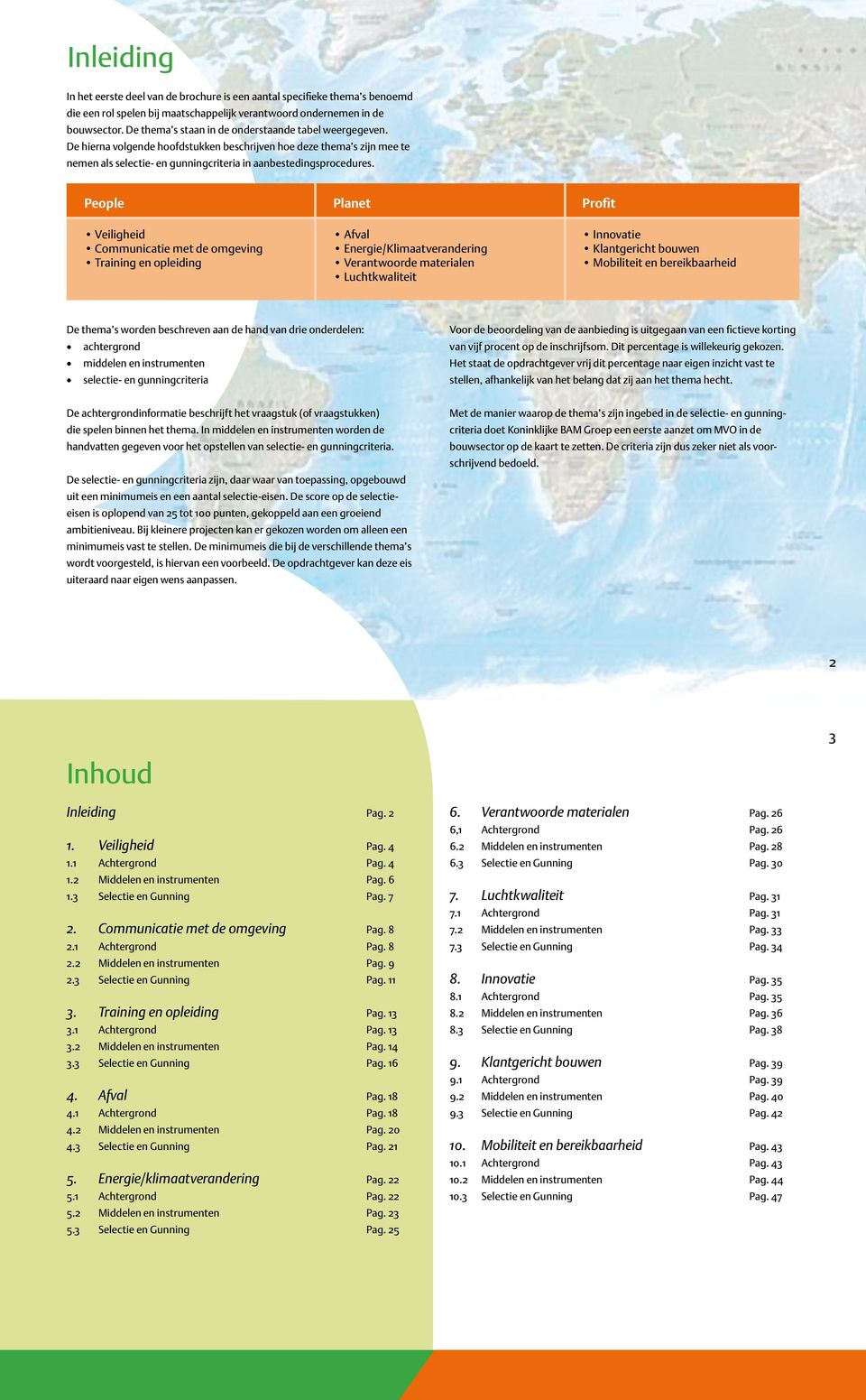 People Planet Profit Veiligheid Afval Innovatie Communicatie met de omgeving Energie/Klimaatverandering Klantgericht bouwen Training en opleiding Verantwoorde materialen Mobiliteit en bereikbaarheid