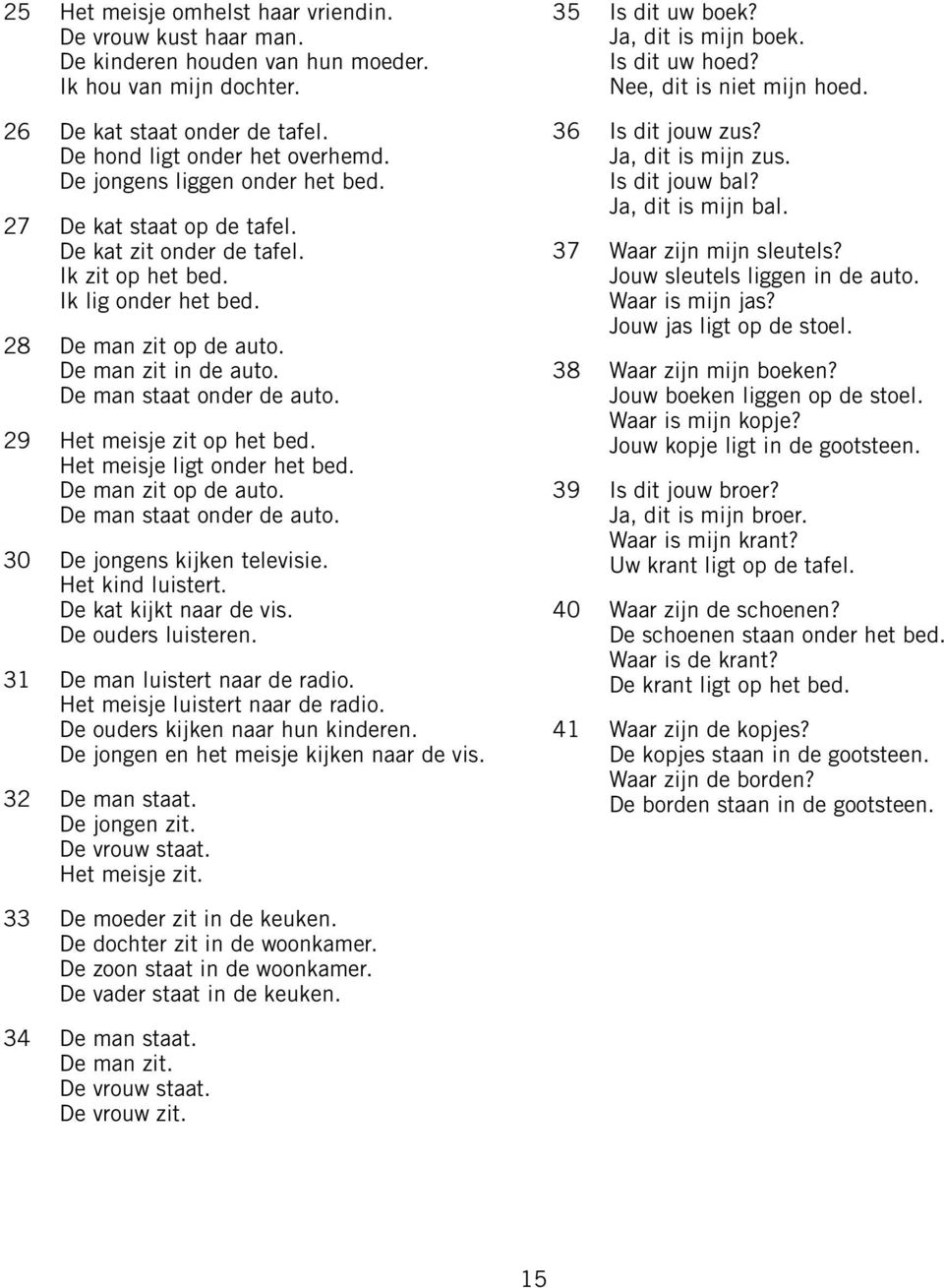 De man staat onder de auto. 29 Het meisje zit op het bed. Het meisje ligt onder het bed. De man zit op de auto. De man staat onder de auto. 30 De jongens kijken televisie. Het kind luistert.