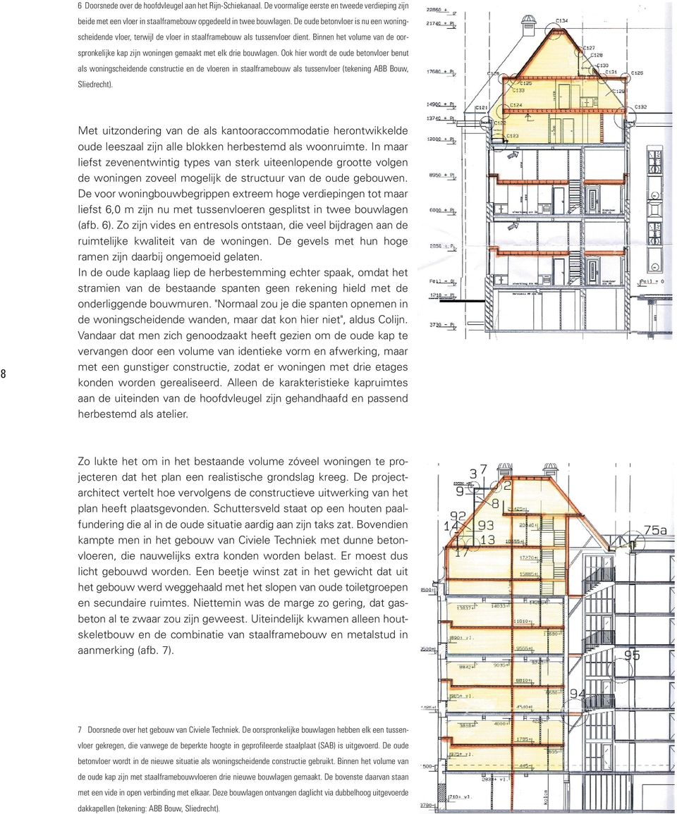 Binnen het volume van de oorspronkelijke kap zijn woningen gemaakt met elk drie bouwlagen.