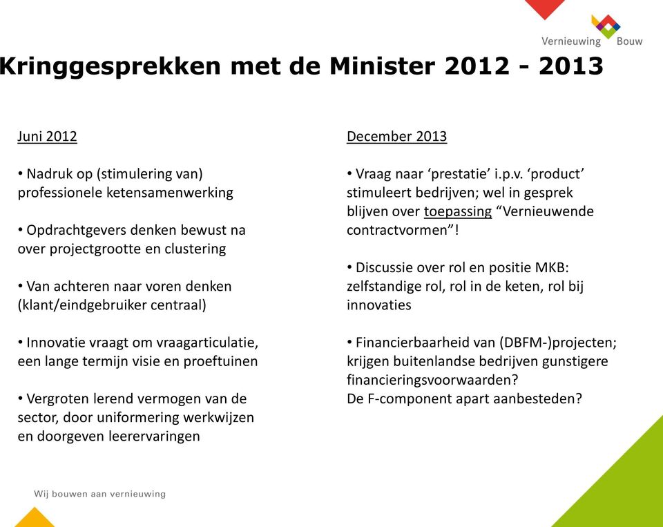 doorgeven leerervaringen December 2013 Vraag naar prestatie i.p.v. product stimuleert bedrijven; wel in gesprek blijven over toepassing Vernieuwende contractvormen!