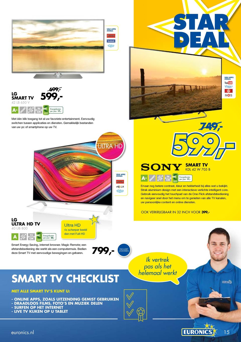 ULTRA HD OOK VERKRIJGBAAR IN 32 INCH VOOR 399,- 749,- 599,- SMART TV KDL 42 W 705 B VELE APPS ZOALS: 107 96 per jaar: 17,- Ervaar nog betere contrast, kleur en helderheid bij alles wat u bekijkt.