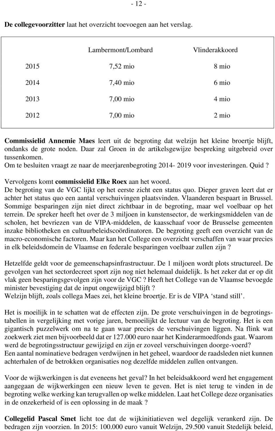 blijft, ondanks de grote noden. Daar zal Groen in de artikelsgewijze bespreking uitgebreid over tussenkomen. Om te besluiten vraagt ze naar de meerjarenbegroting 2014-2019 voor investeringen. Quid?