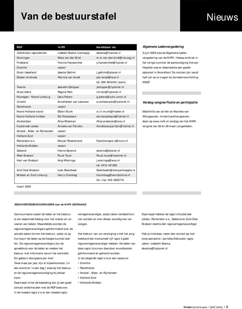 055-5818181 (werk) Twente Jeanette Schipper jschipper@fysionet.nl Groot Gelre Regina Ram rmram@fysionet.nl Nijmegen / Noord Limburg Gera Peters g.peters@cukz.umcn.nl Utrecht Anneheleen van Leeuwen a.