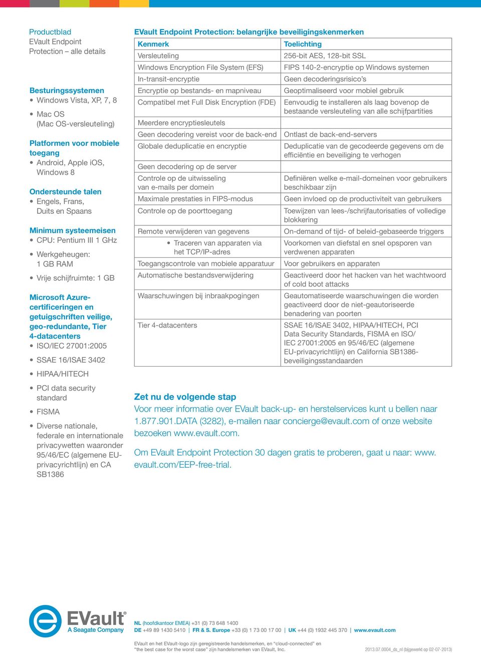 SSAE 16/ISAE 3402 HIPAA/HITECH PCI data security standard FISMA Diverse nationale, federale en internationale privacywetten waaronder 95/46/EC (algemene EUprivacyrichtlijn) en CA SB1386 Protection: