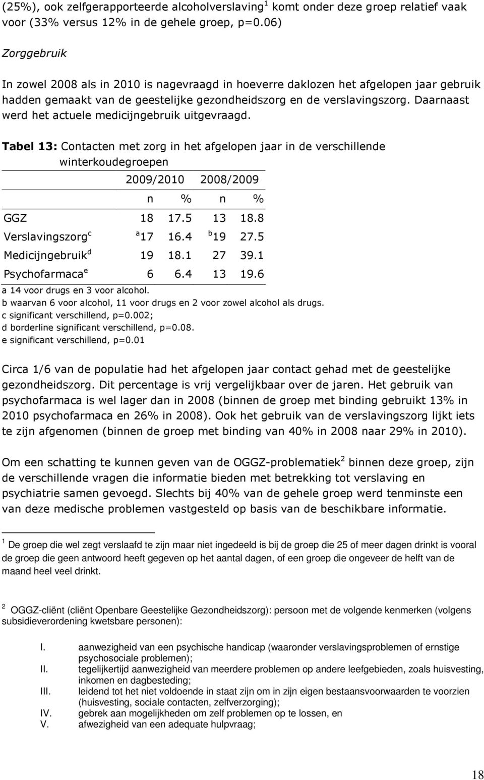 Daarnaast werd het actuele medicijngebruik uitgevraagd. Tabel 13: Contacten met zorg in het afgelopen jaar in de verschillende winterkoudegroepen 2009/2010 2008/2009 n % n % GGZ 18 17.5 13 18.