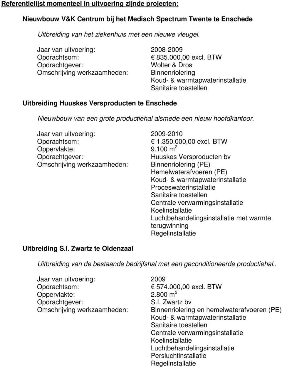 BTW Wolter & Dros Omschrijving werkzaamheden: Binnenriolering Sanitaire toestellen Uitbreiding Huuskes Versproducten te Enschede Nieuwbouw van een grote productiehal alsmede een nieuw hoofdkantoor.