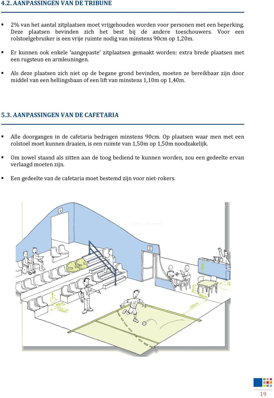 Als deze plaatsen zich niet op de begane grond bevinden, moeten ze bereikbaar zijn door middel van een hellingsbaan of een lift van minstens 1,10m op 1,40m. 5.3.