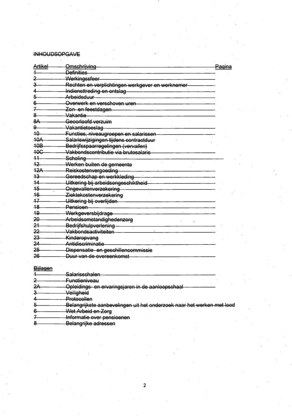 feestdagen Vakantie Geoorloofd verzuim Vakantietoeslag Functies, niveaugroepen en salarissen Salariswijzigingen tijdens contractduur Bedrijfsspaarregelingen (vervallon) Vakbondscontributie via