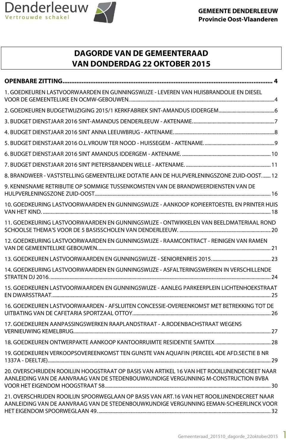 .. 6 3. BUDGET DIENSTJAAR 2016 SINT-AMANDUS DENDERLEEUW - AKTENAME.... 7 4. BUDGET DIENSTJAAR 2016 SINT ANNA LEEUWBRUG - AKTENAME.... 8 5. BUDGET DIENSTJAAR 2016 O.L.VROUW TER NOOD - HUISSEGEM - AKTENAME.