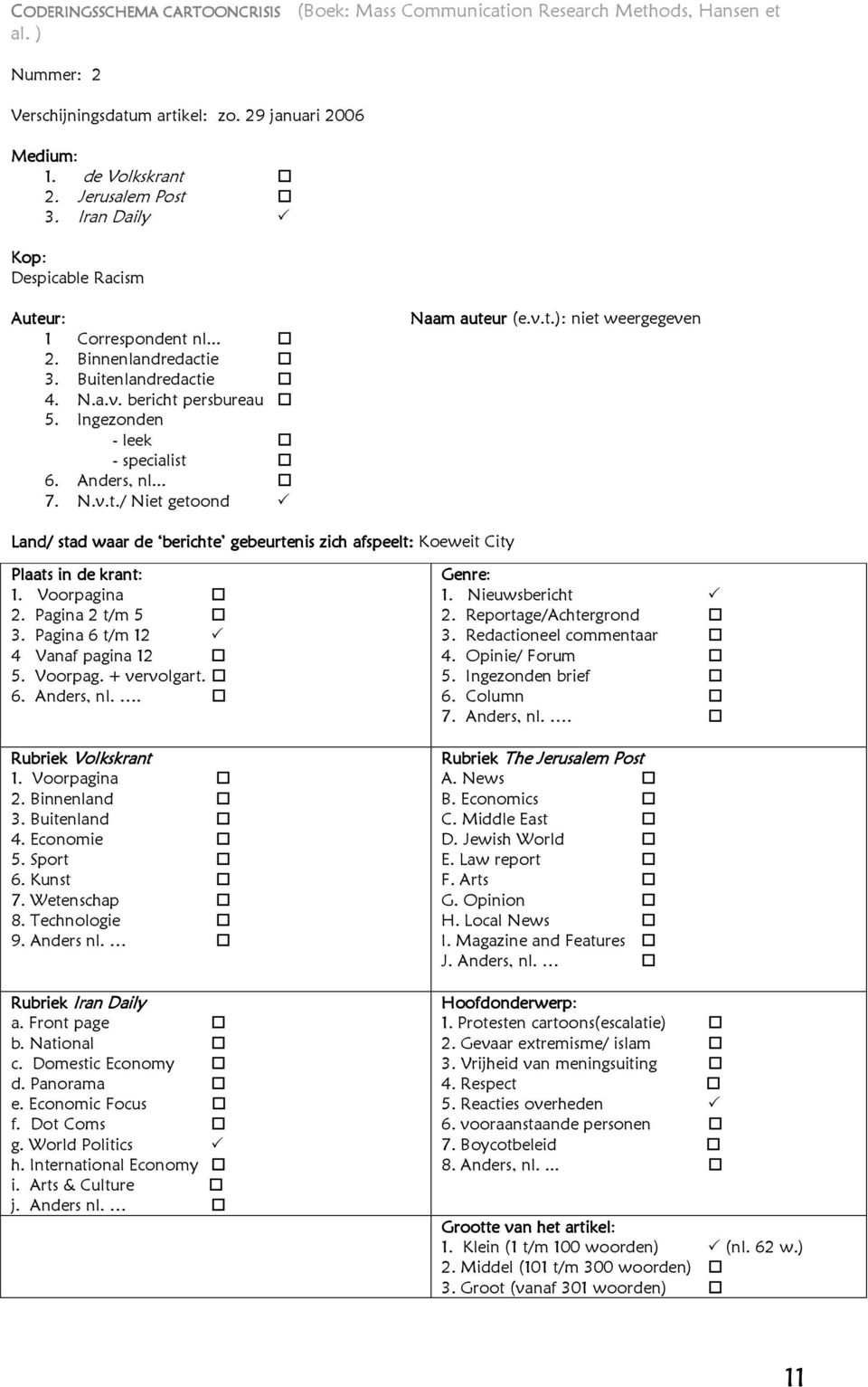 v.t.): niet weergegeven Land/ stad waar de berichte gebeurtenis zich afspeelt: Koeweit City Plaats in de krant: 2. Pagina 2 t/m 5 3. Pagina 6 t/m 12 4 Vanaf pagina 12 5. Voorpag. + vervolgart. 6. Anders, nl.