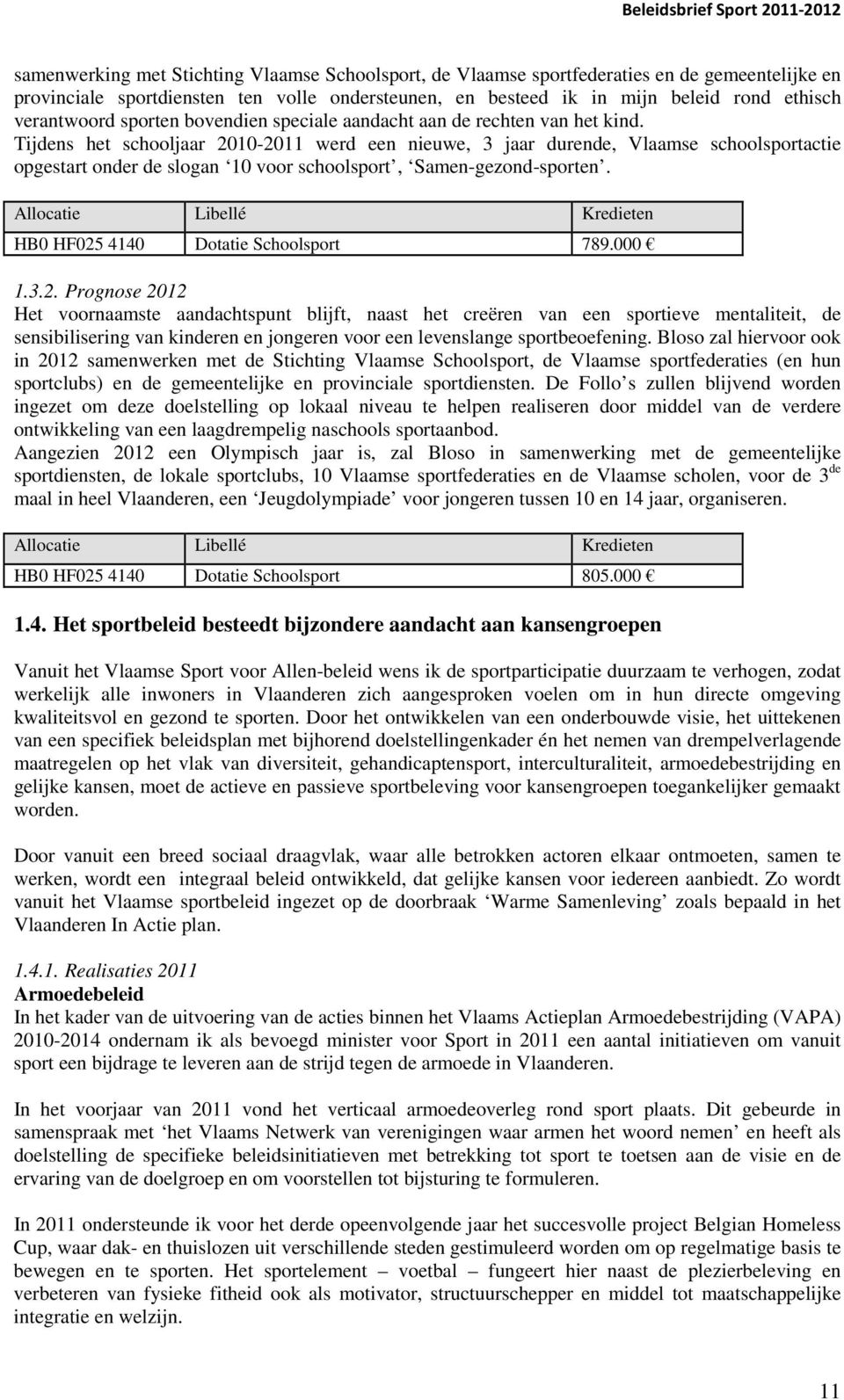 Tijdens het schooljaar 2010-2011 werd een nieuwe, 3 jaar durende, Vlaamse schoolsportactie opgestart onder de slogan 10 voor schoolsport, Samen-gezond-sporten. HB0 HF025 4140 Dotatie Schoolsport 789.