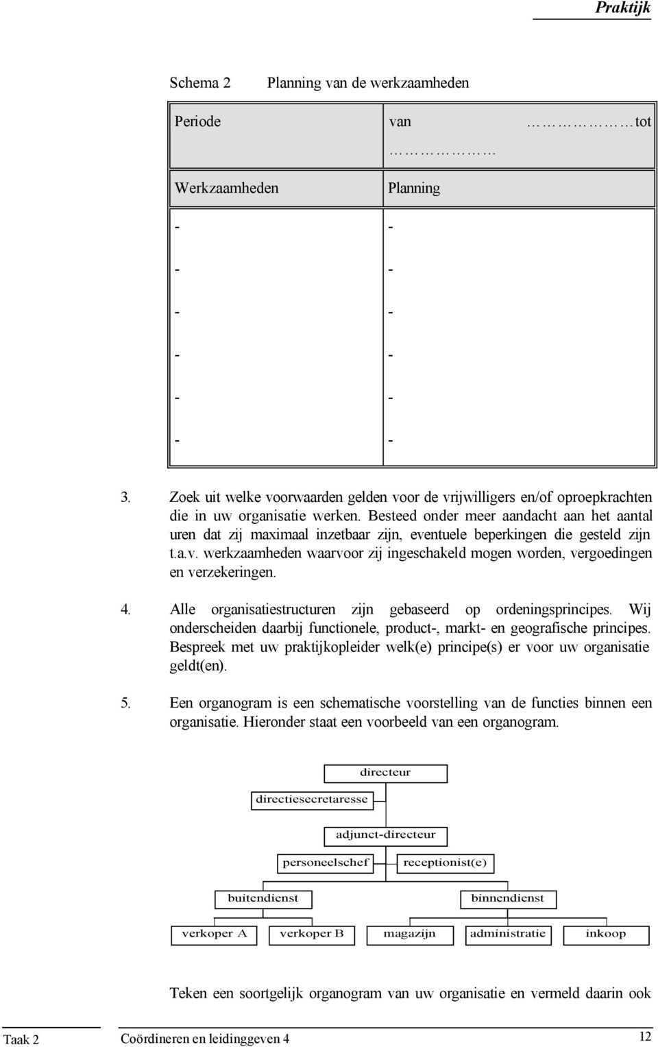 4. Alle organisatiestructuren zijn gebaseerd op ordeningsprincipes. Wij onderscheiden daarbij functionele, product, markt en geografische principes.