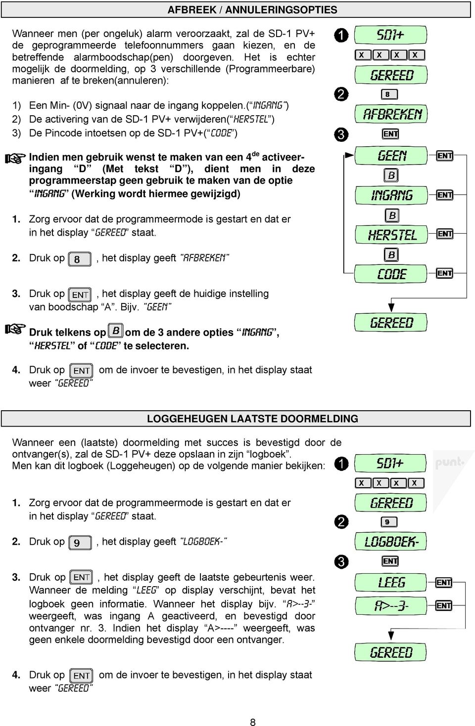 ( INGANG ) 2) De activering van de SD-1 PV+ verwijderen( HERSTEL ) 3) De Pincode intoetsen op de SD-1 PV+( CODE ) Indien men gebruik wenst te maken van een 4 de activeeringang D (Met tekst D ), dient