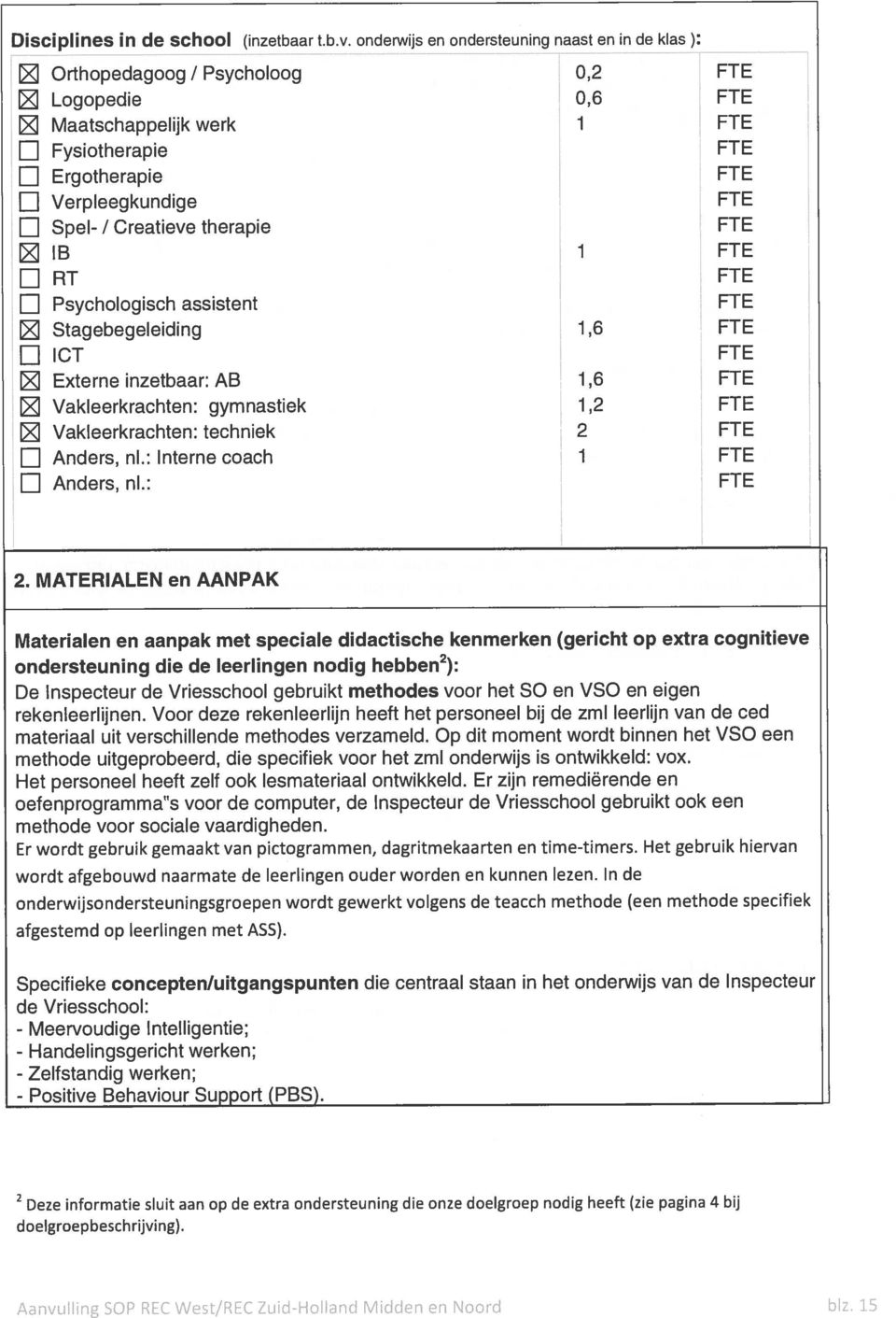 Creatieve therapie FTE lb 1 FTE FTE Psychologisch assistent FTE Stagebegeleiding 1,6 FTE El ICT FTE Externe inzetbaar: AB 1,6 FTE Vakleerkrachten: gymnastiek 1,2 FTE Vakleerkrachten: techniek 2 FTE