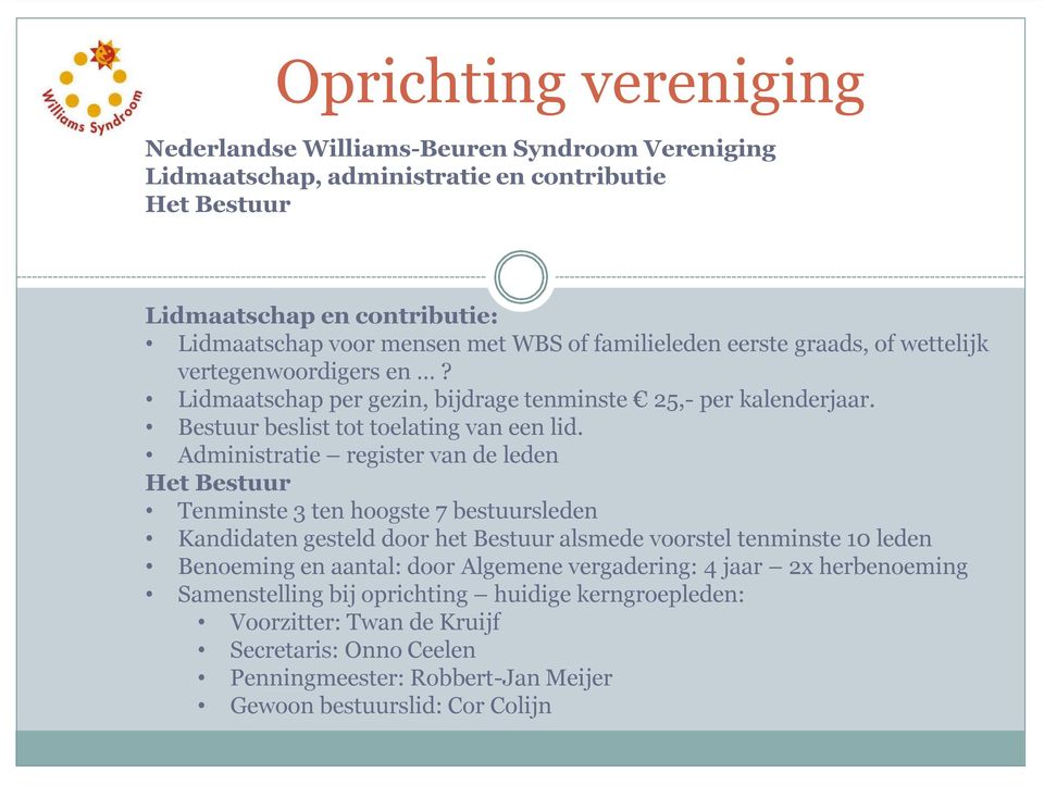 Administratie register van de leden Het Bestuur Tenminste 3 ten hoogste 7 bestuursleden Kandidaten gesteld door het Bestuur alsmede voorstel tenminste 10 leden Benoeming en aantal: door