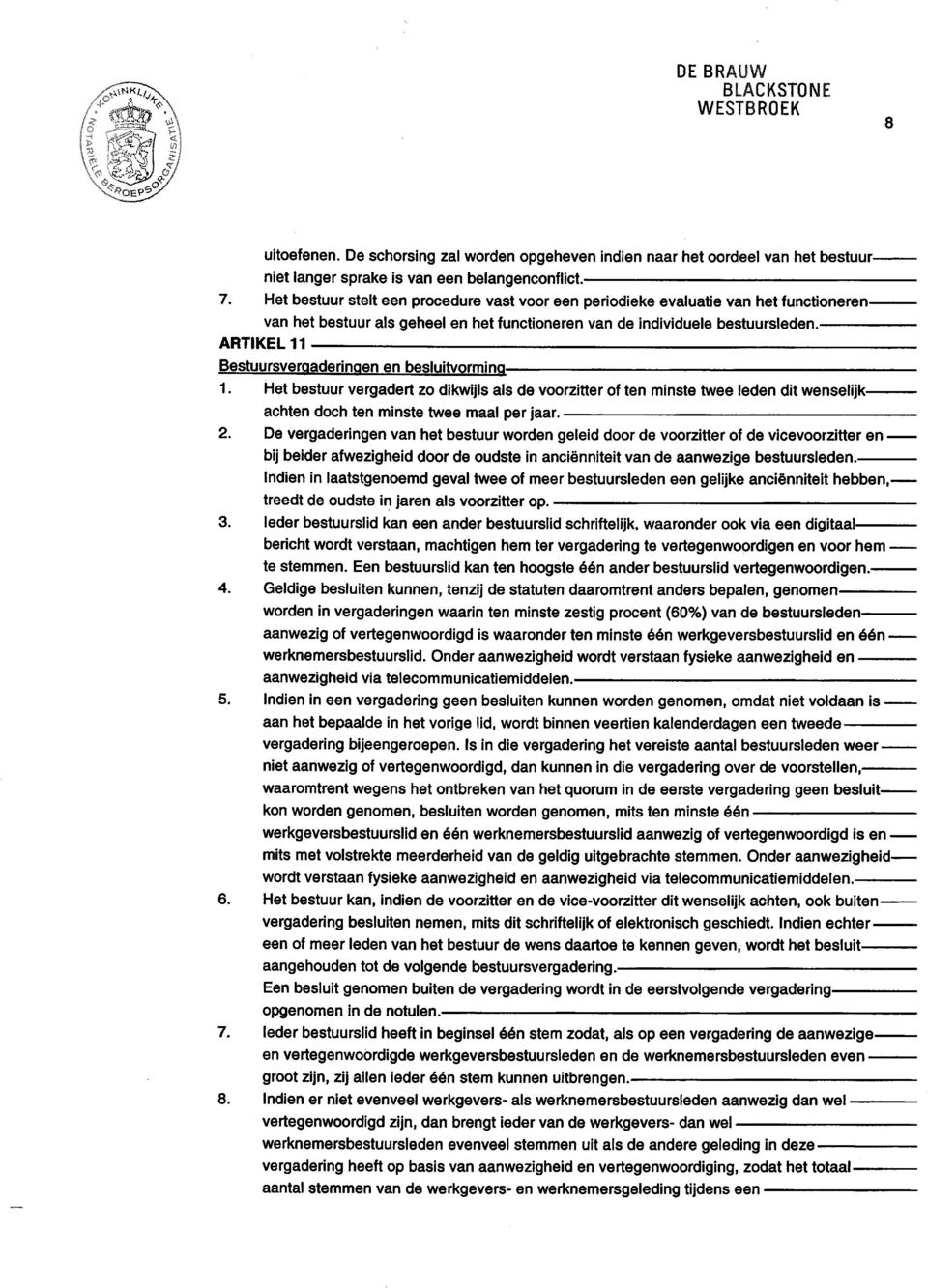 ARTIKEL 11 Bestuursvergaderingen en besluitvorming 1. Het bestuur vergadert zo dikwijls als de voorzitter of ten minste twee leden dit wenselijkachten doch ten minste twee maal per jaar.