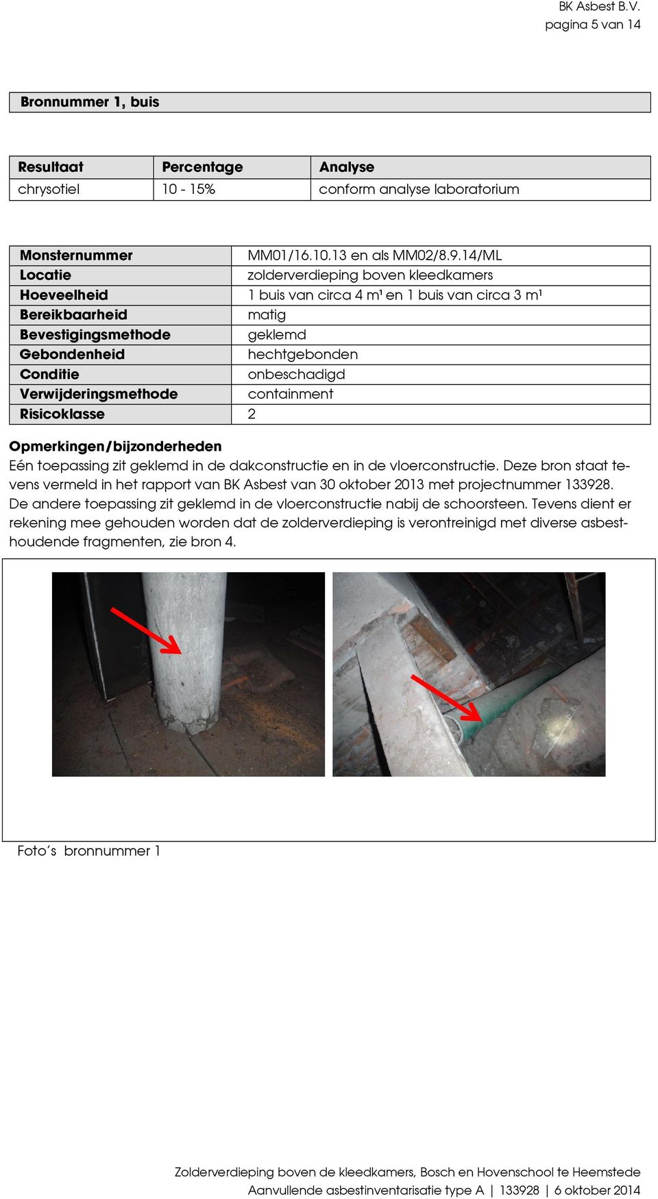 onbeschadigd Verwijderingsmethode containment Risicoklasse 2 Opmerkingen/bijzonderheden Eén toepassing zit geklemd in de dakconstructie en in de vloerconstructie.