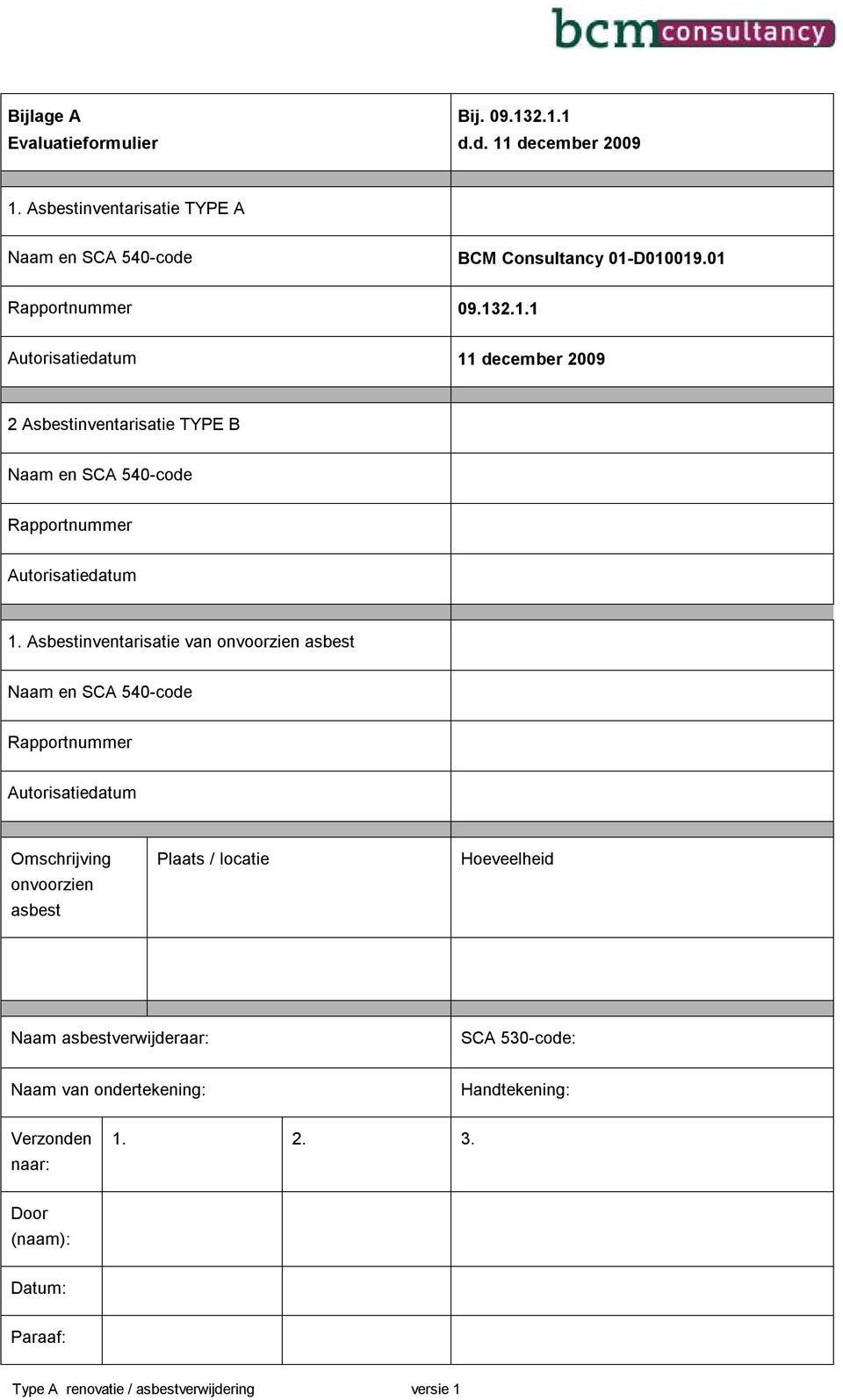 Asbestinventarisatie van onvoorzien asbest Naam en SCA 540-code Rapportnummer Autorisatiedatum Omschrijving onvoorzien asbest Plaats / locatie Hoeveelheid