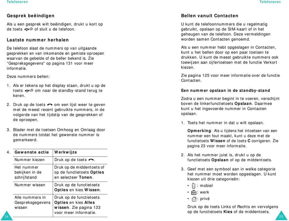 Zie Gespreksgegevens" op pagina 131 voor meer informatie. Deze nummers bellen: 1. Als er tekens op het display staan, drukt u op de toets om naar de standby-stand terug te keren. 2.