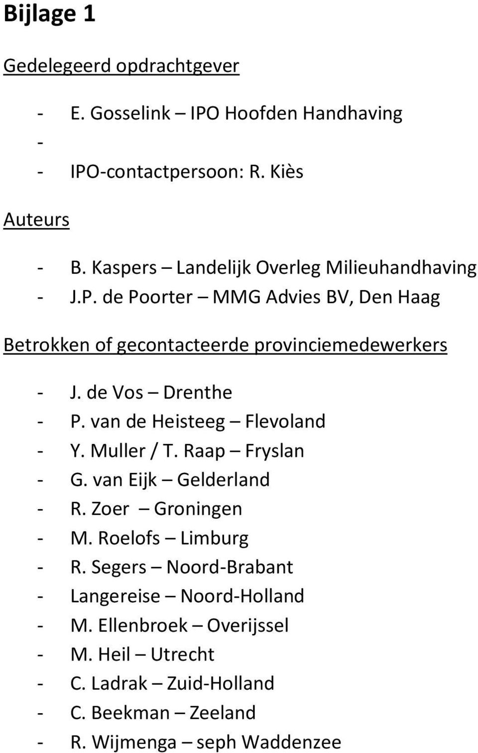 de Vos Drenthe - P. van de Heisteeg Flevoland - Y. Muller / T. Raap Fryslan - G. van Eijk Gelderland - R. Zoer Groningen - M.