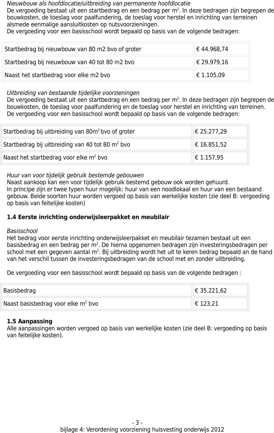 De vergoeding voor een basisschool wordt bepaald op basis van de volgende bedragen: Startbedrag bij nieuwbouw van 80 m2 bvo of groter 44.968,74 Startbedrag bij nieuwbouw van 40 tot 80 m2 bvo 29.