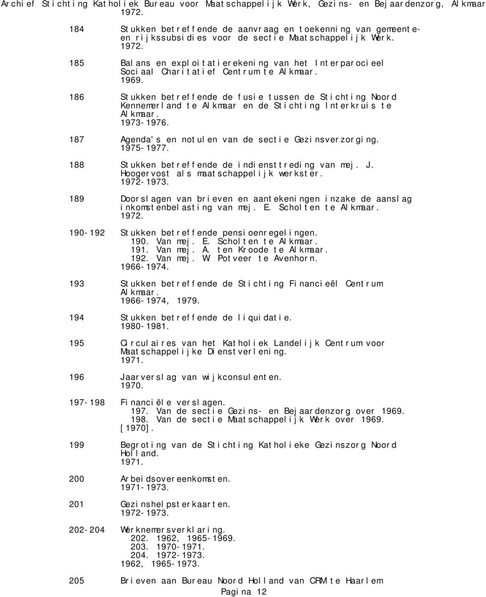 te 1973-1976. 187 Agenda's en notulen van de sectie Gezinsverzorging. 1975-1977. 188 Stukken betreffende de indiensttreding van mej. J. Hoogervost als maatschappelijk werkster. 1972-1973.