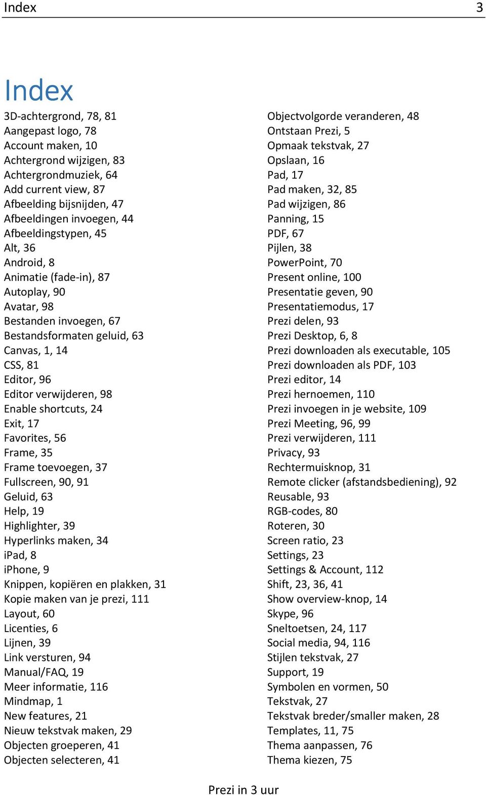 Enable shortcuts, 24 Exit, 17 Favorites, 56 Frame, 35 Frame toevoegen, 37 Fullscreen, 90, 91 Geluid, 63 Help, 19 Highlighter, 39 Hyperlinks maken, 34 ipad, 8 iphone, 9 Knippen, kopiëren en plakken,