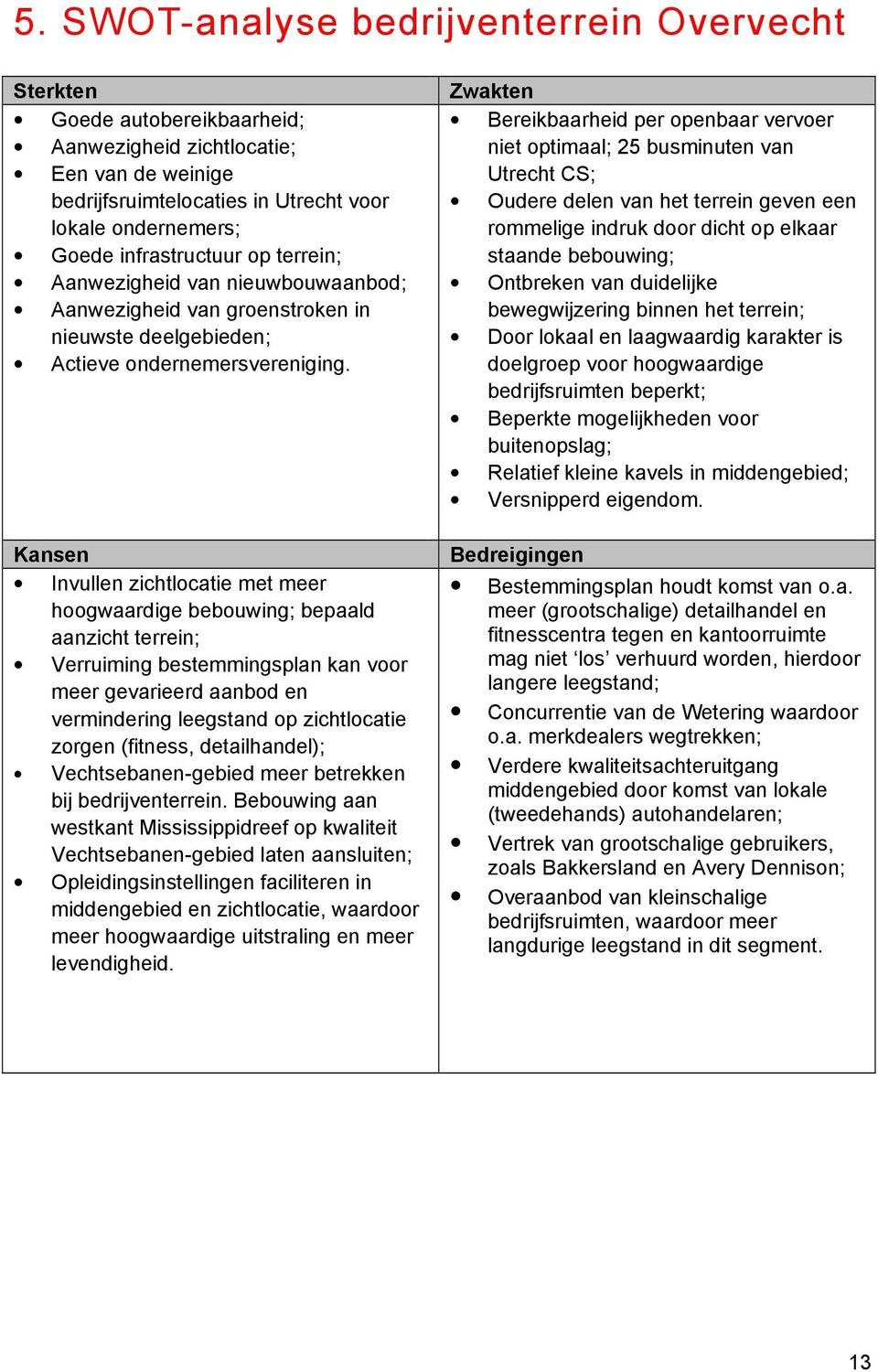 Kansen Invullen zichtlocatie met meer hoogwaardige bebouwing; bepaald aanzicht terrein; Verruiming bestemmingsplan kan voor meer gevarieerd aanbod en vermindering leegstand op zichtlocatie zorgen