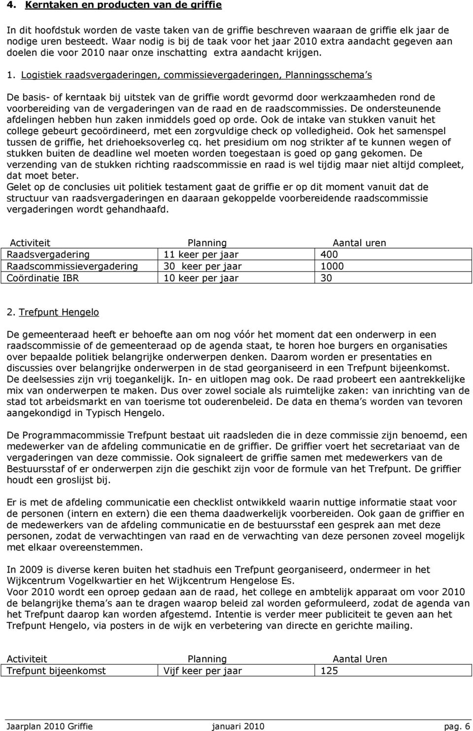 Logistiek raadsvergaderingen, commissievergaderingen, Planningsschema s De basis- of kerntaak bij uitstek van de griffie wordt gevormd door werkzaamheden rond de voorbereiding van de vergaderingen